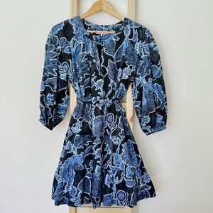 Parker Navy Blue Floral Mini Dress XXS Boho Tie Waist Long Sleeve Cotton Dress